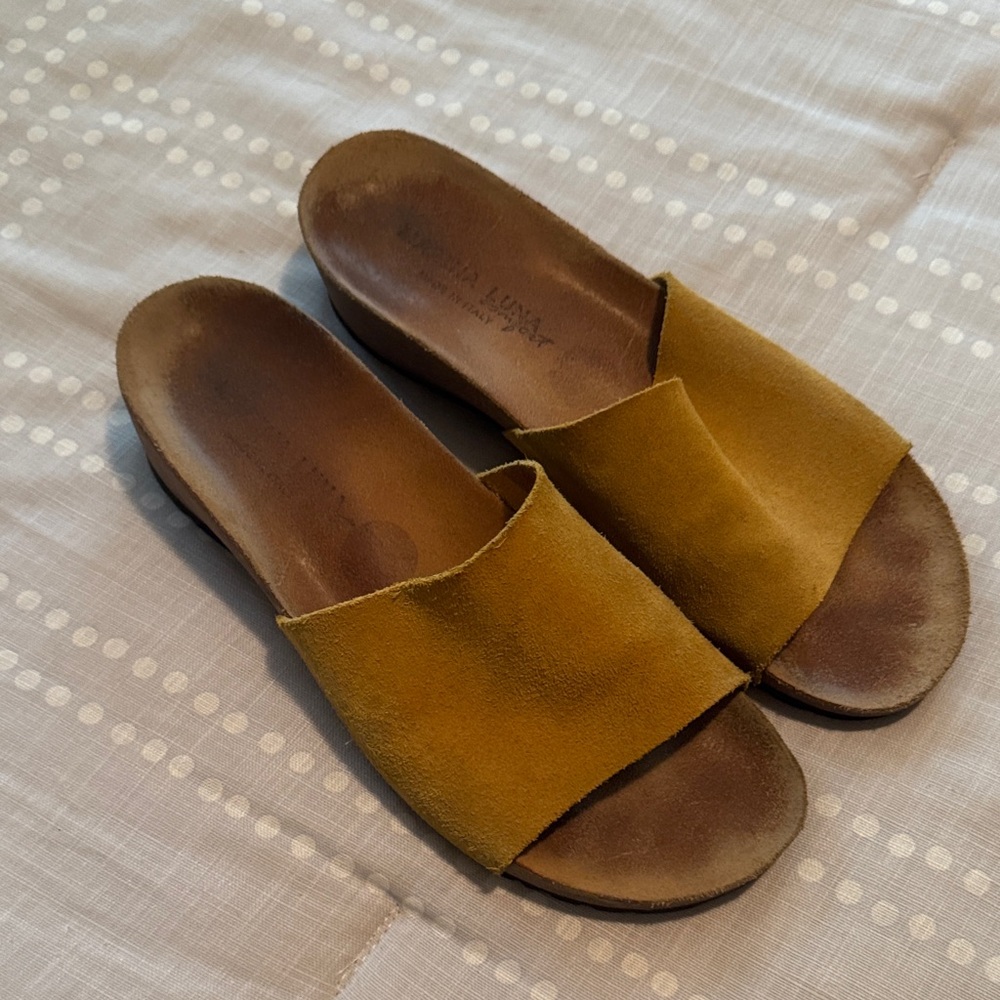 Marina Luna Mustard Yellow Suede Slide Sandals